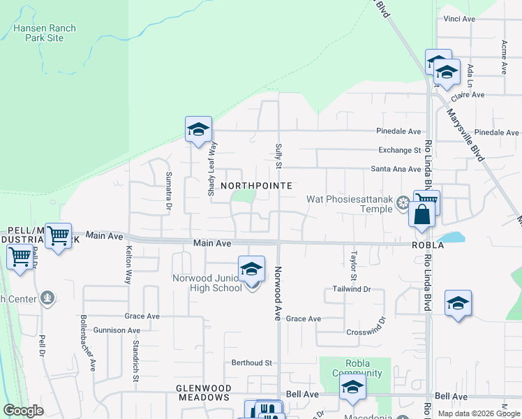 map of restaurants, bars, coffee shops, grocery stores, and more near 235 Peach Leaf Way in Sacramento