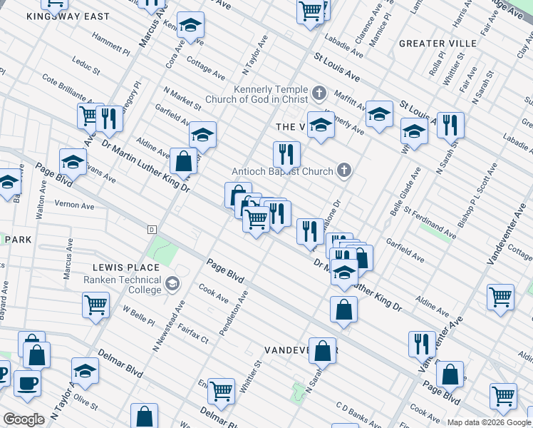 map of restaurants, bars, coffee shops, grocery stores, and more near 1523 Billups Avenue in St. Louis