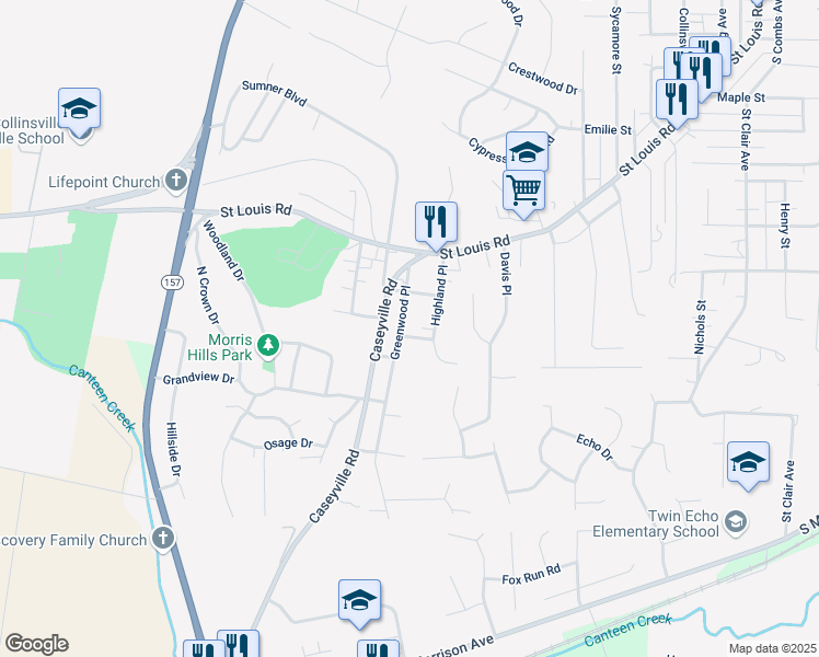 map of restaurants, bars, coffee shops, grocery stores, and more near 414 Greenwood Pl in Collinsville