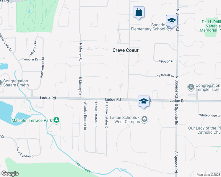 map of restaurants, bars, coffee shops, grocery stores, and more near 114 Hunters Grove Drive in Creve Coeur
