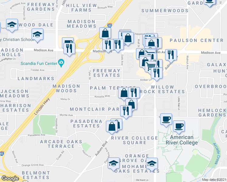 map of restaurants, bars, coffee shops, grocery stores, and more near 4913 Orchid Way in Sacramento