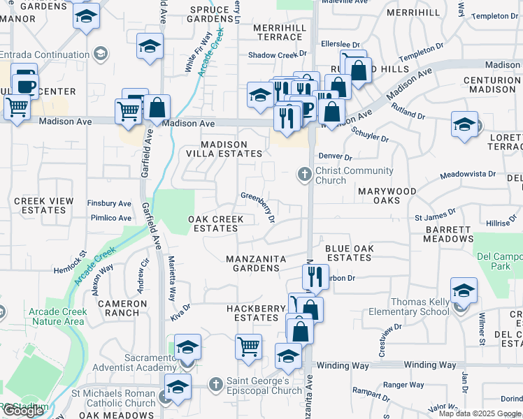 map of restaurants, bars, coffee shops, grocery stores, and more near 5107 Greenberry Drive in Sacramento