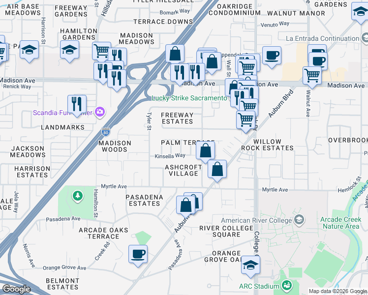 map of restaurants, bars, coffee shops, grocery stores, and more near 4914 Lavelle Way in Sacramento