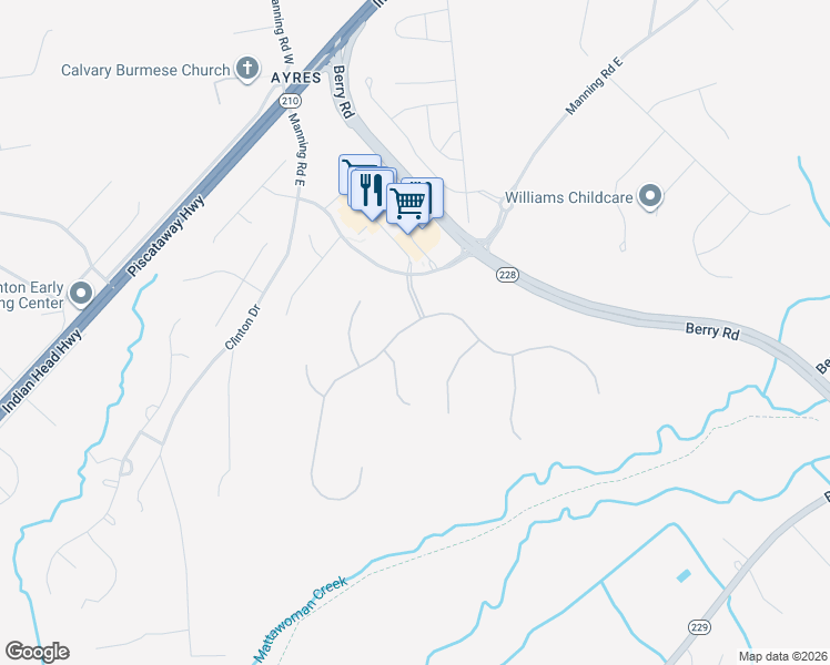 map of restaurants, bars, coffee shops, grocery stores, and more near 300 Mattawoman Way in Accokeek