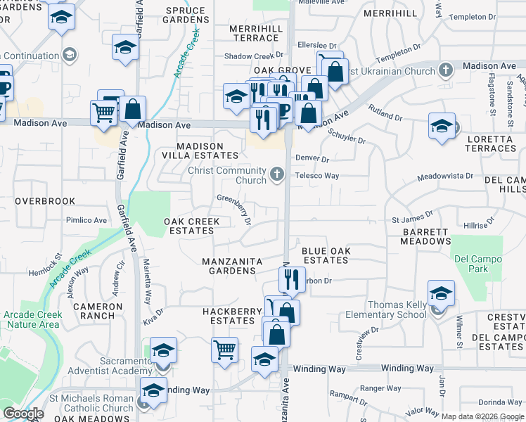map of restaurants, bars, coffee shops, grocery stores, and more near 5817 Muldrow Road in Sacramento