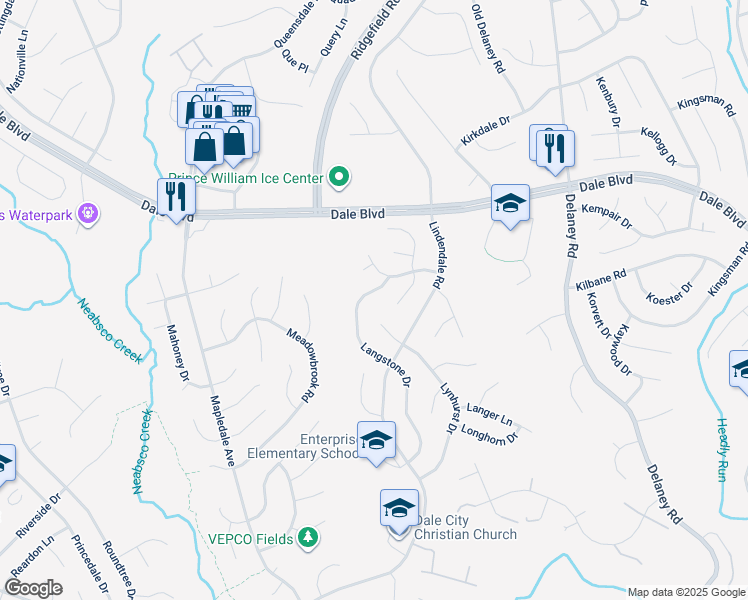 map of restaurants, bars, coffee shops, grocery stores, and more near 13709 Langstone Drive in Woodbridge