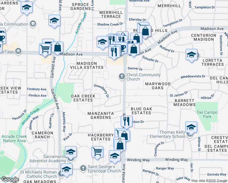 map of restaurants, bars, coffee shops, grocery stores, and more near 5817 Muldrow Road in Sacramento