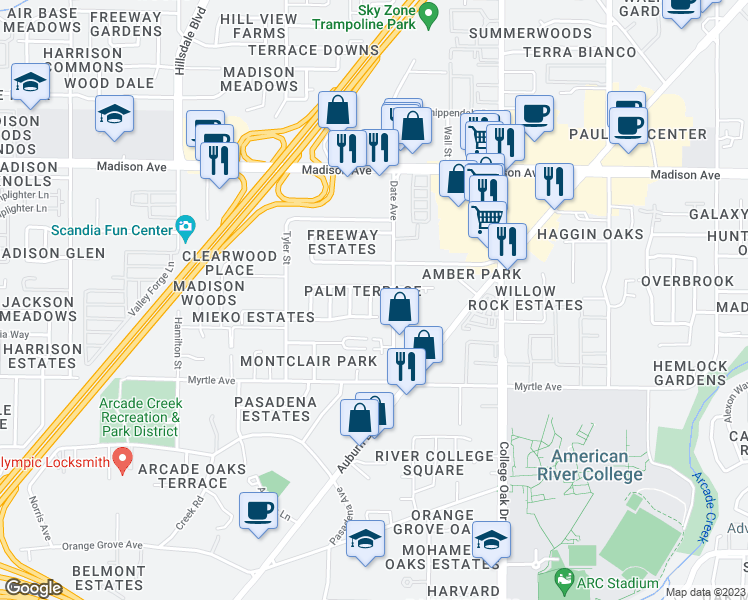 map of restaurants, bars, coffee shops, grocery stores, and more near 4914 Orchid Way in Sacramento