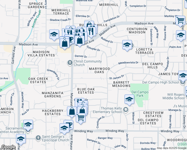 map of restaurants, bars, coffee shops, grocery stores, and more near 6012 Helva Lane in Carmichael
