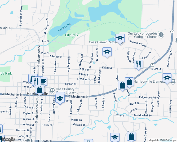 map of restaurants, bars, coffee shops, grocery stores, and more near 1105 East Elm Street in Harrisonville