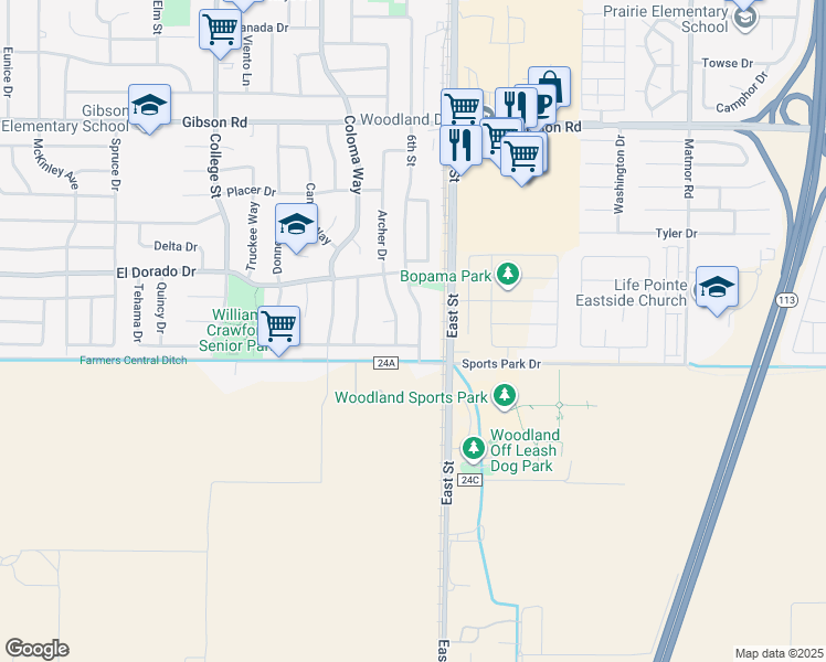 map of restaurants, bars, coffee shops, grocery stores, and more near 1730 6th Street in Woodland