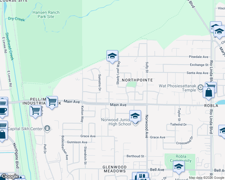 map of restaurants, bars, coffee shops, grocery stores, and more near 124 Pinedale Avenue in Sacramento