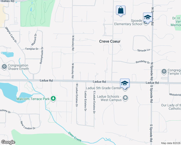 map of restaurants, bars, coffee shops, grocery stores, and more near 132 Mystic Meadows Lane in Creve Coeur