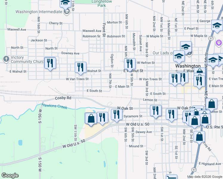 map of restaurants, bars, coffee shops, grocery stores, and more near 637 West Main Street in Washington