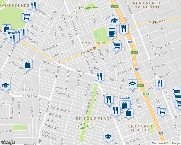 map of restaurants, bars, coffee shops, grocery stores, and more near 3307 North Florissant Avenue in St. Louis