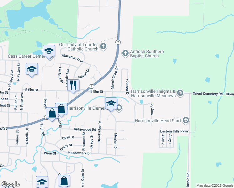 map of restaurants, bars, coffee shops, grocery stores, and more near 2511 East Elm Street in Harrisonville