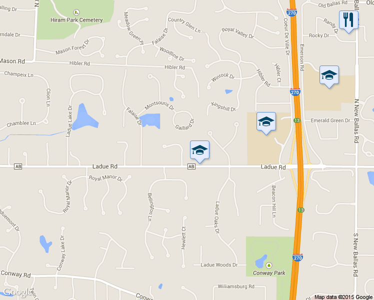 map of restaurants, bars, coffee shops, grocery stores, and more near 106 Worthington Oaks Drive in Creve Coeur