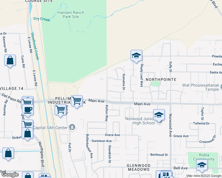 map of restaurants, bars, coffee shops, grocery stores, and more near 205 Sumatra Drive in Sacramento