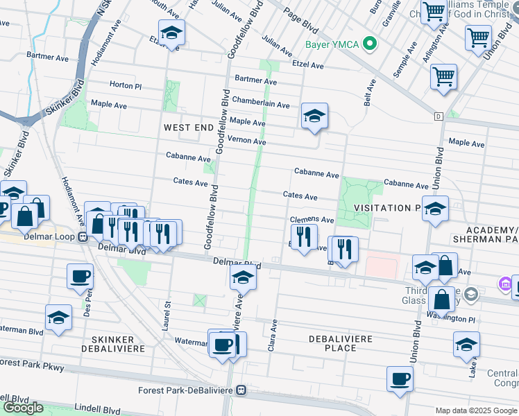 map of restaurants, bars, coffee shops, grocery stores, and more near 5647 Clemens Avenue in St. Louis