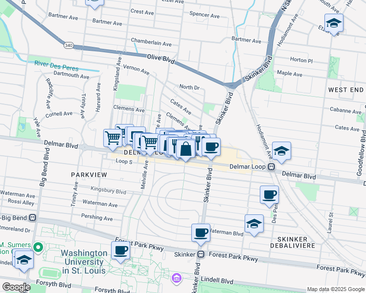 map of restaurants, bars, coffee shops, grocery stores, and more near 6400 Enright Avenue in University City