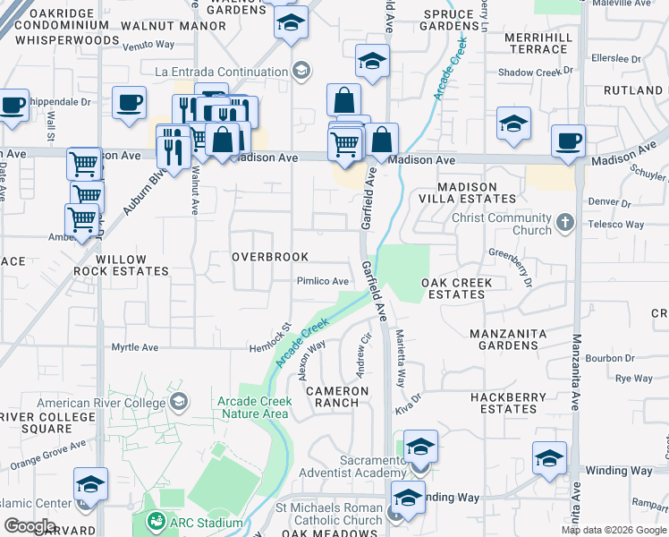 map of restaurants, bars, coffee shops, grocery stores, and more near 5336 Finsbury Avenue in Sacramento