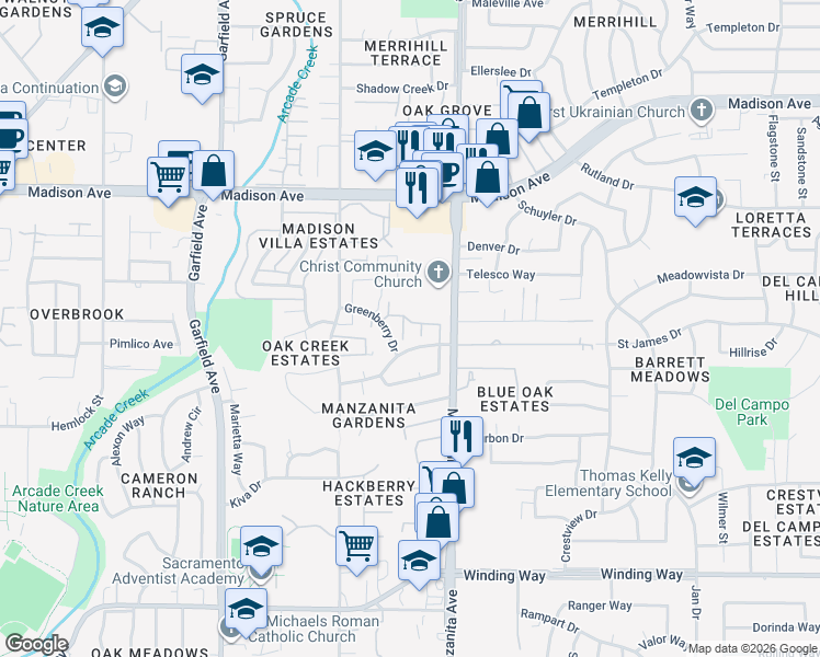 map of restaurants, bars, coffee shops, grocery stores, and more near 5817 Muldrow Road in Sacramento