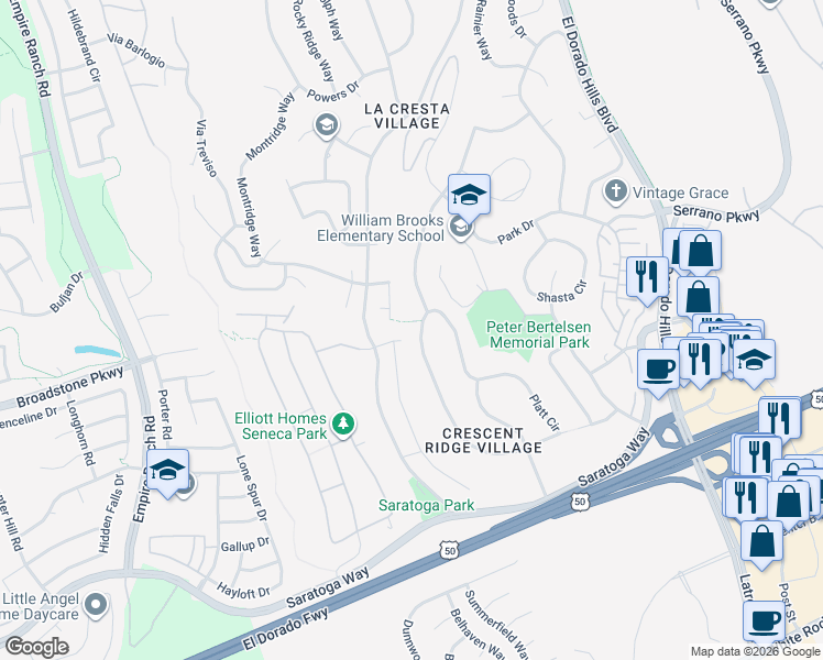 map of restaurants, bars, coffee shops, grocery stores, and more near 511 Platt Circle in El Dorado Hills