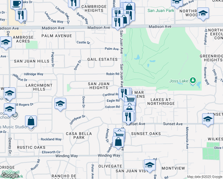 map of restaurants, bars, coffee shops, grocery stores, and more near 7350 Pheasant Road in Fair Oaks