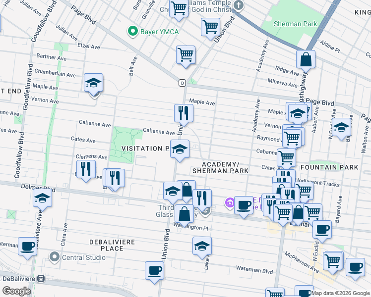 map of restaurants, bars, coffee shops, grocery stores, and more near 5239 Cates Avenue in St. Louis
