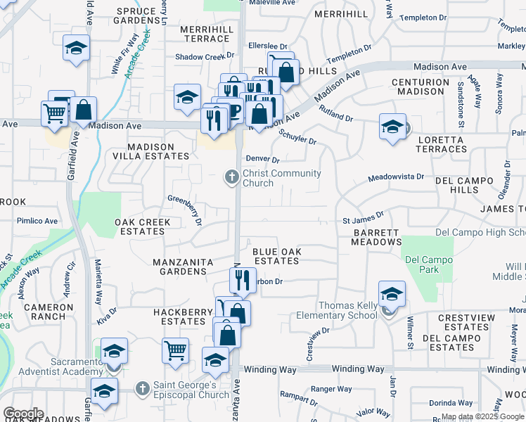 map of restaurants, bars, coffee shops, grocery stores, and more near 5944 Helva Lane in Carmichael