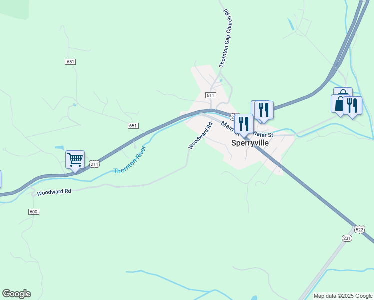 map of restaurants, bars, coffee shops, grocery stores, and more near 991 Woodward Road in Sperryville