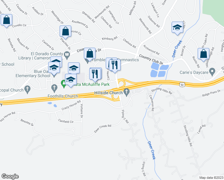 map of restaurants, bars, coffee shops, grocery stores, and more near Lincoln Highway in Cameron Park