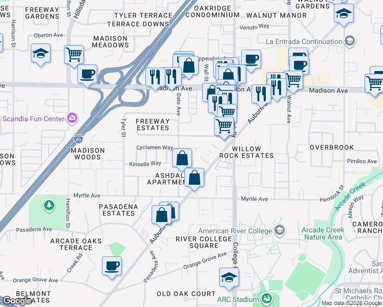 map of restaurants, bars, coffee shops, grocery stores, and more near 4712 Judy Court in Sacramento