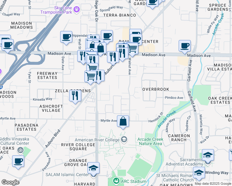 map of restaurants, bars, coffee shops, grocery stores, and more near 4901 Little Oak Lane in Sacramento