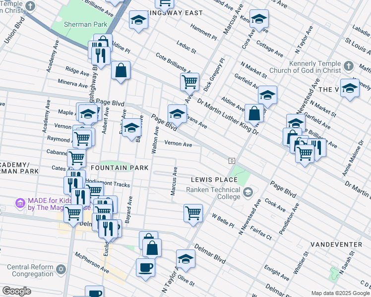 map of restaurants, bars, coffee shops, grocery stores, and more near 4622 Vernon Avenue in St. Louis