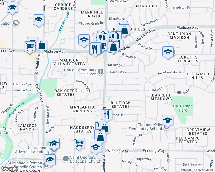 map of restaurants, bars, coffee shops, grocery stores, and more near 5010 Manzanita Avenue in Carmichael