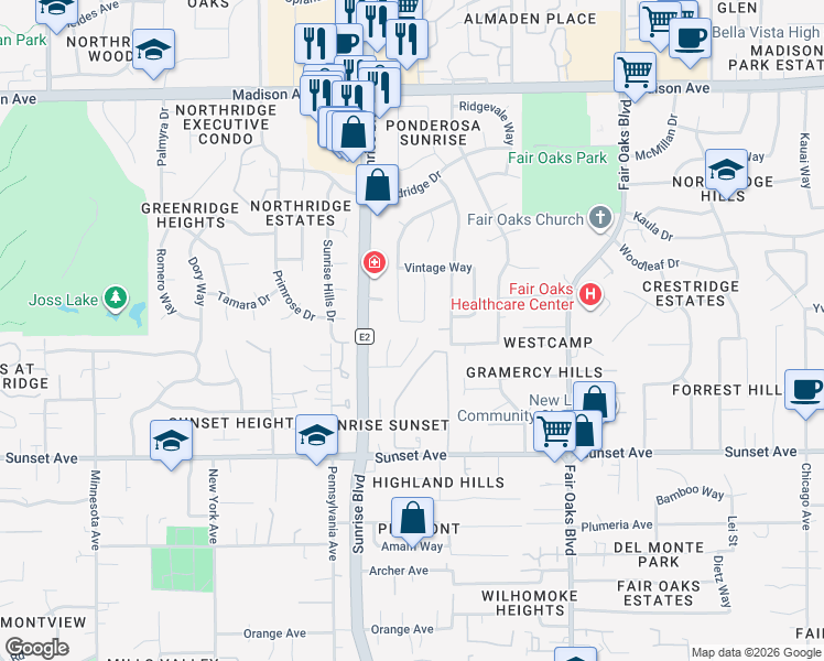 map of restaurants, bars, coffee shops, grocery stores, and more near 5000 Ridgevine Way in Fair Oaks