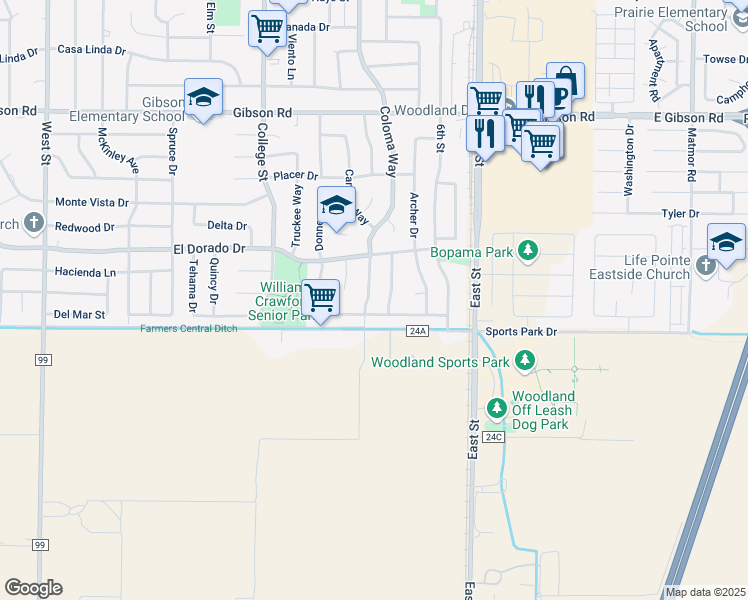 map of restaurants, bars, coffee shops, grocery stores, and more near 1729 Coloma Way in Woodland