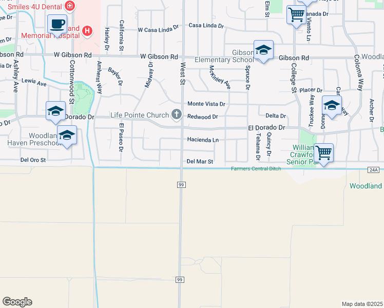 map of restaurants, bars, coffee shops, grocery stores, and more near 12 Miramonte Drive in Woodland