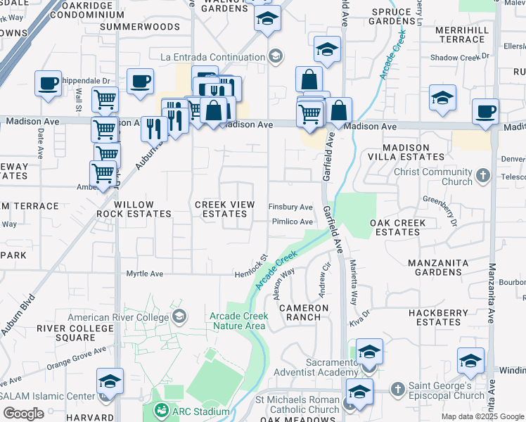 map of restaurants, bars, coffee shops, grocery stores, and more near 4981 Hemlock Street in Sacramento