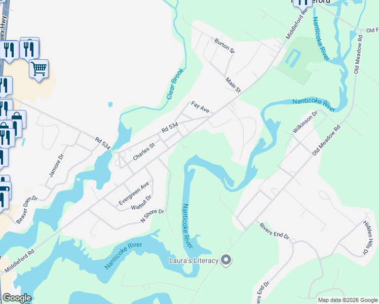 map of restaurants, bars, coffee shops, grocery stores, and more near 9630 Middleford Road in Seaford