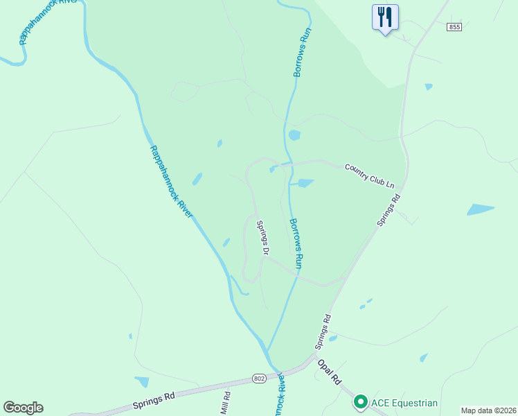 map of restaurants, bars, coffee shops, grocery stores, and more near 8616 Springs Drive in Warrenton