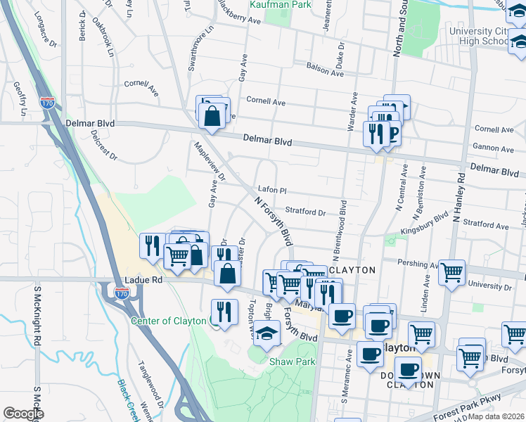 map of restaurants, bars, coffee shops, grocery stores, and more near 323 North Forsyth Boulevard in Clayton