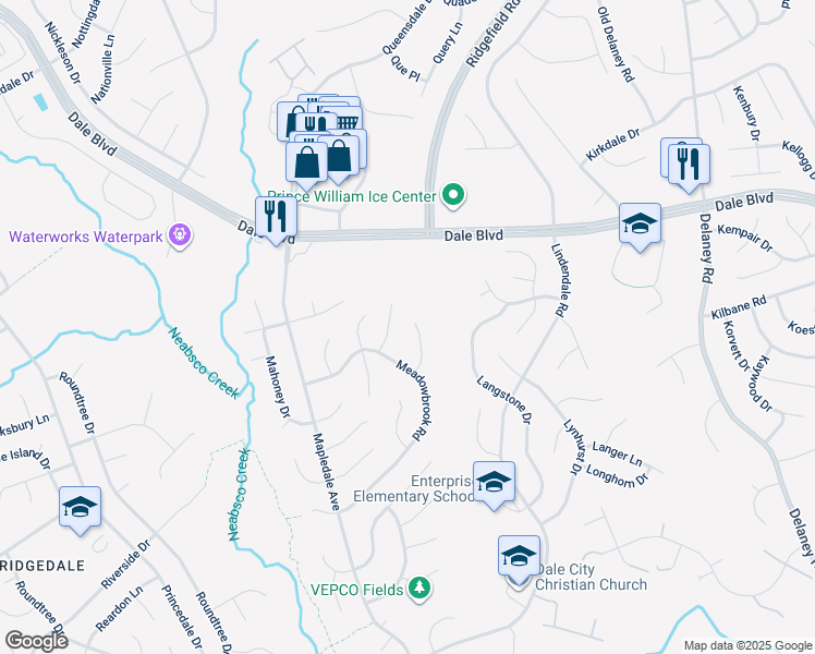 map of restaurants, bars, coffee shops, grocery stores, and more near 13732 Moccasin Court in Woodbridge