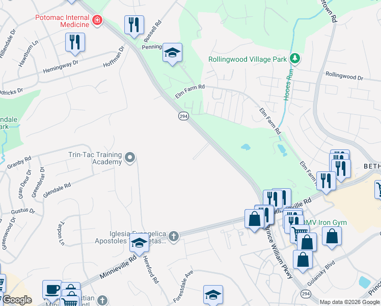 map of restaurants, bars, coffee shops, grocery stores, and more near 3728 District Drive in Woodbridge