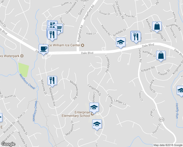 map of restaurants, bars, coffee shops, grocery stores, and more near 13709 Langstone Drive in Woodbridge