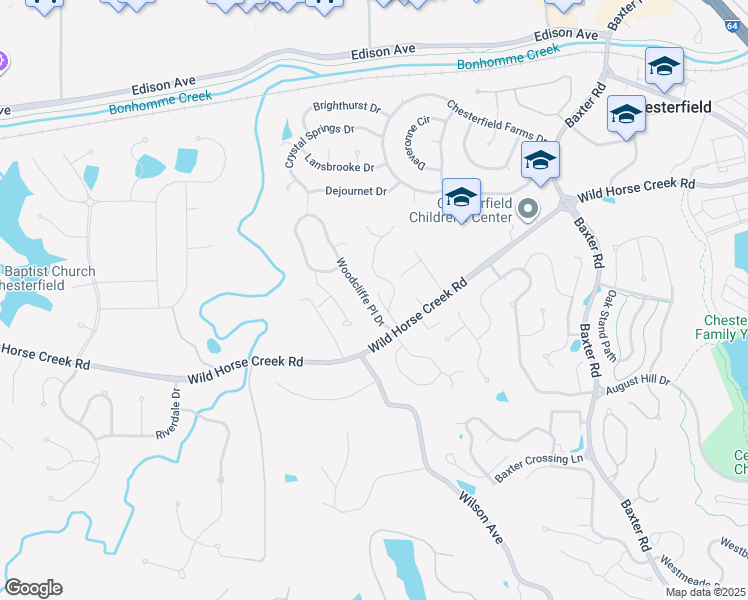 map of restaurants, bars, coffee shops, grocery stores, and more near 288 Woodcliffe Place Drive in Chesterfield