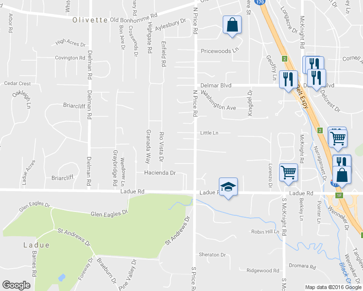 map of restaurants, bars, coffee shops, grocery stores, and more near 3 Buckhammon Place in St. Louis