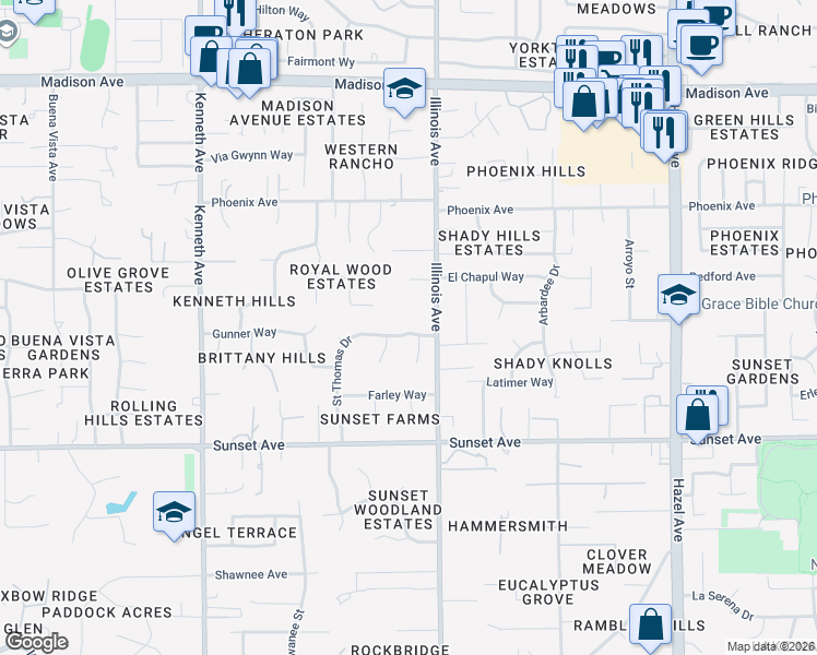 map of restaurants, bars, coffee shops, grocery stores, and more near 4949 Saint Thomas Drive in Fair Oaks