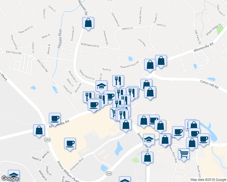 map of restaurants, bars, coffee shops, grocery stores, and more near 13490 Minnieville Rd in Woodbridge